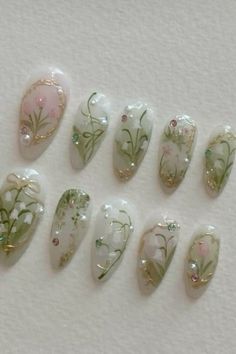 #aesthetic #aestheticnails #naildesign #design #nailart Lily Of The Valley Nails, Cottagecore Nails, Fairy Lily, Flowers Coquette, Fake Nails Designs, Blush Nails, Pretty Gel Nails, Jelly Nails