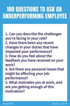 a blue poster with the words 10 questions to ask an underperforming employee