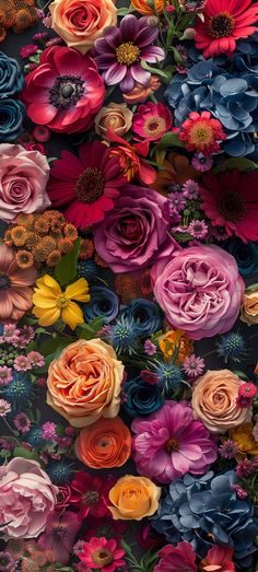 an array of colorful flowers are shown in this image with the same color as the background