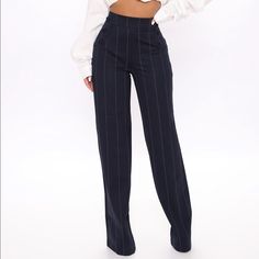 Brand New Size Small Navy Tailored Pants With White Stripes Pin Stripe Pants Outfit, Stripped Pants Outfit, Pin Striped Pants, Stripe Pants Outfit, Blue Ivy Carter, Slacks For Women, Pants Outfit Casual, Striped Wide Leg Pants, Navy Fashion