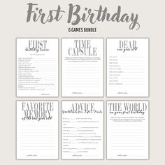 the first birthday games bundle is shown in black and white