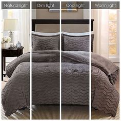 three different views of a bed with two pillows and one comforter in the same color