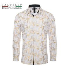 Elegant Gold Foil Embossed White Shirt, Regular Fit Modern White Long Sleeve Dress Shirt, White Slim Fit Dress Shirt For Summer, White Business Tops For Summer, Gold Formal Shirt For Spring, Gold Formal Shirt For Summer, Summer Formal Gold Shirt, Modern White Dress Shirt For Spring, Fitted White Dress Shirt For Spring, White Formal Dress Shirt For Spring