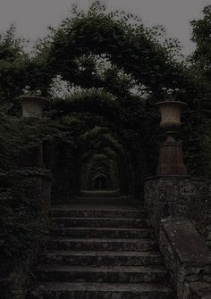 the stairs lead up to an archway with potted plants on each side