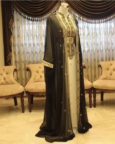 Buy Sale! Handcrafted Jacket Style Black & White Zari Work Kaftan Dress - Elegant Party Wear Georgette Kaftan - African Attire Shop Georgette Kaftan, African Kaftan, Full Sleeves Design, Zari Embroidery, Elegant Jacket, Tassel Dress, Collar Neck, Arab Fashion, Zari Work