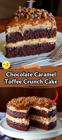 chocolate caramel toffe crunch cake on a white plate with one slice cut out