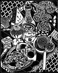 a black and white drawing of food on a table