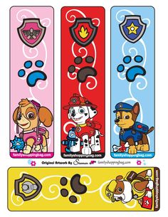 four cartoon bookmarks with paw patrol and fireman dogs on the front, one in blue