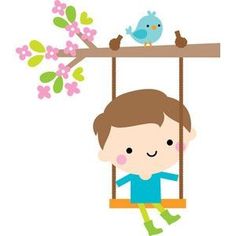 a boy swinging on a swing with two birds perched on the tree branch behind him