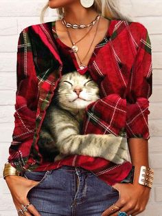 Come to Lilicloth.com to buy T-shirts at a discounted price, SPU: 1W61HT-B2DFE8, Color: Red Gray Blue Purple, Edition type:Loose, Pattern:Cat. Gatto Carino, Winter Plaid, Long Sleeve Tops Casual, Short En Jean, Plaid Christmas, Winter Casual, Cat Print, Womens Plaid, Top Casual