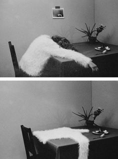 two black and white photographs of a dining room table with flowers on it, one in front of the other