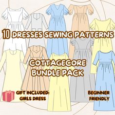 10 dresses sewing patterns with text overlay that reads, 10 dress sewing patterns cottagegeore bundle pack