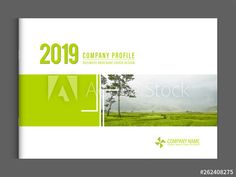 a green and white brochure cover with trees in the distance on a cloudy day