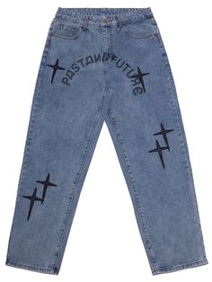 Vintage blue washed denim jeans. Loose, slightly oversized fit. PastFuture print across the front. Embroidered Starcross leather patchwork all over. Finished with an engraved logo button and GRKC garment labels. Washed Denim Patchwork Slightly Oversized Logo Print 85% Cotton, 8% EME, 7% Elastane Unisex Jeans Print Design, Jeans Customization, Customised Jeans, Customized Jeans, Bespoke Denim, Customized Denim, Custom Jeans Diy, Graphic Jeans, Jeans Oversize