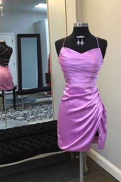 Spaghetti Straps Lilac Ruched Short Dress Prom Dresses Purple Short, Light Purple Dress Short Hoco, Lilac Homecoming Dresses, Homecoming Purple Dress, Purple Dresses Hoco, Violet Hoco Dress, Hoco Dresses Tight Purple, Tangled Themed Hoco Dress, Prom Corset Dress With Pleated Bodice And Spaghetti Straps