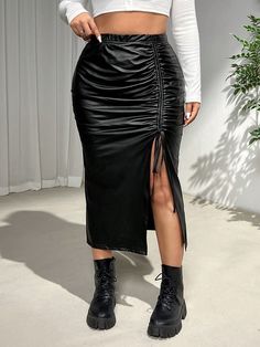 Plus Size Women's Casual PU Side Split Drawstring Knitted Elastic Waist Skirt, Halloween Outfit Black Casual   Knitted Fabric Plain Slit Medium Stretch  Women Plus Clothing, size features are:Bust: ,Length: ,Sleeve Length: High Waisted Pleated Skirt, Elastic Waist Skirt, Halloween Outfit, Elegant Dresses Long, Plus Size Skirts, 80 Dress, Lace Fashion, Knit Sweater Dress, Cropped Style