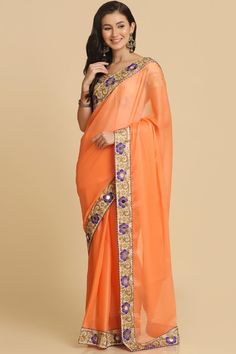 Buy Light Orange Resham Embroidery Chiffon One Minute Saree Online Bollywood Style Pre-draped Georgette Saree For Diwali, Orange Georgette Sharara With Traditional Drape, Orange Georgette Sharara With Cutdana, Georgette Sharara With Cutdana In Orange, Pre-draped Georgette Saree For Puja And Eid, Orange Georgette Sharara With Zari Work, Georgette Pre-draped Saree With Mirror Work For Puja, Navratri Organza Saree With Mirror Work, Eid Puja Blouse With Sheer Dupatta