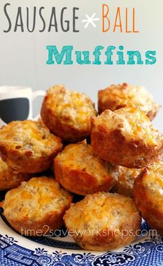 sausage and ball muffins on a blue and white plate