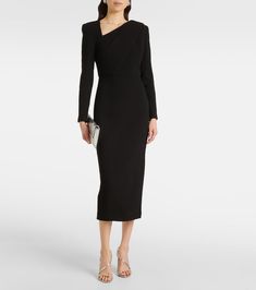 Evening Midi Dress With Structured Shoulders And Long Sleeves, Evening Long Sleeve Midi Dress With Structured Shoulders, Formal Structured Crepe Dress, Fall Evening Dress With Structured Shoulders, Fall Gala Midi-length Dress, Evening Dresses With Structured Shoulders For Fall, Knee-length Evening Midi Dress For Fall, Fall Evening Knee-length Midi Dress, Chic Evening Crepe Maxi Dress