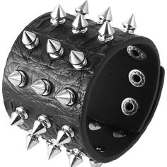 Unisex Punk Rock Biker Wide Strap Thick Leather Bracelet Made From Faux Leather And Alloy Metal Adjustable Size: 6, 7 And 8 Inch -- 7.8 And 9 Inch Wide:5mm / 2 Inch And 12.5mm / 4.9 Inch Black Color Cow Leather Punk Black Bracelet With Silver Studs, Edgy Silver Studs Jewelry, Black Leather Punk Bracelet With Silver Studs, Edgy Black Spiked Bracelets, Black Spiked Edgy Bracelets, Punk Black Bracelets With Spikes, Gothic Black Studded Leather Bracelet, Punk Style Silver Bracelet With Studs, Silver Punk Bracelets With Studs