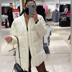 Zara Water Repellent Puffer Padded Jacket Coat W/ Hidden Button Shinny White Size S New Lightweight And Durable. Brand New With Tags. Zara White, Zara Jackets, Padded Jacket, Jacket Coat, White Cream, Cream White, Repellent, Water Repellent, New Color