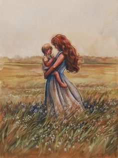 a painting of a woman holding a child in a field with tall grass and flowers