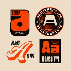 four different types of stickers on a white background with orange and black lettering,