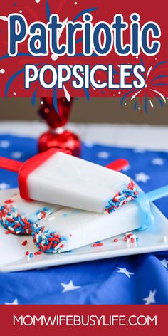 patriotic popsicles with red, white and blue sprinkles are on a plate