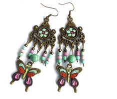 Lightweight Colorful Butterfly Boho Dangle Earrings Floral | Etsy Bohemian Adjustable Butterfly Earrings, Green Bohemian Butterfly Jewelry, Bohemian Green Butterfly Jewelry, Bohemian Butterfly Earrings For Pierced Ears, Bohemian Dangle Jewelry With Butterfly Charm, Bohemian Jewelry With Butterfly Charm Dangle, Green Bohemian Earrings With Dangling Charms, Bohemian Green Earrings With Dangling Charms, Pink Bohemian Nickel-free Chandelier Earrings