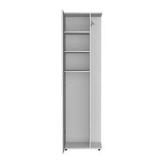 an empty white bookcase on wheels against a white background