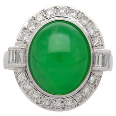 8.55 Carat Oval Cut Untreated Grade A "Fei Cui" Jadeite Jade with Diamonds in Platinum 900 Bezel set Ring. Details: Item Type: Cocktail Ring Metal: Platinum 900 Size: 7.75 (adjustable) Weight: 8.58 grams Center Stone Details: Stone: Jadeite Jade Type A "Fei Cui" Carat: 8.55 Carat Color: Bright Green Shape: Oval Cabochon Treatment: None Cut: Oval Cut Certificate: HK Jade & Stone Lab Side Stones Details: Type: Diamond Cut: Round Carat: 0.76 CTTW A stunning ring with 8.55 carat untreated Grade A "Fei Cui" jade in a vibrant green, elegantly set in a sleek platinum bezel with sparkling diamonds. With its timeless design and high-quality craftsmanship, this ring not only adds a touch of sophistication to any outfit but also offers a unique statement piece that is both luxurious and meaningful. P Adjustable Weights, Bezel Set Ring, Set Ring, Platinum Ring, Jade Stone, Ring Metal, Vibrant Green, Bezel Diamond, Oval Cabochon