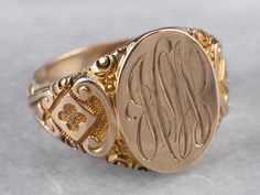 This antique Ostby Barton signet ring is stunning! Deeply carved designs along the shoulders form ornate textures, enhanced by a granulated finish that gives the 10k gold a luxurious look. We've left the original monogram – a stylish hand engraved French script! Please note that this signet ring has its original monogram, and unfortunately, this piece cannot be altered without affecting the quality of the piece. Please feel free to contact us to help you find your perfect signet ring in your sty French Script, Signet Ring Men, Cameo Ring, Gold Signet Ring, Hand Ring, Carved Designs, Ring Antique, Gold Top, Antique Rings