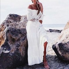 Off-The-Shoulder, Sheer-Sleeve, Cinch-Waste, Maxi Dress With Short Slipdress Underneath (Preorders) Cm & Dm Long White Beach Dress, White Beach Dress, Bohemia Dress, Long Beach Dress, Boho Summer Dresses, White Dress Party, Boho Style Dresses, White Beach, Beach Maxi Dress