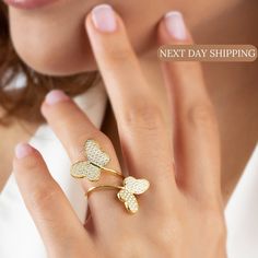 Silver Open Butterfly Ring is handcrafted with love and care by the finest artists. 18K Gold Plated Butterfly CZ Ring is made from High Quality 18K Gold Plated 925 Solid Sterling Silver and high quality white cubic zirconia stones. Our adjustable, freesize Pave CZ Diamond Butterfly ring is available for daily use and the great gift idea to yourself and your loved ones.  This adorable Open Butterfly Ring jewelry is the perfect match for your outfit. * Material: High Quality Solid 925 Sterling Sil Diamond Butterfly Ring, Gold Butterfly Ring, Minimalist Silver Ring, Micro Pave Ring, Ring Sets Boho, Diamond Butterfly, Dainty Gold Rings, Retro Ring, Diamond Eyes