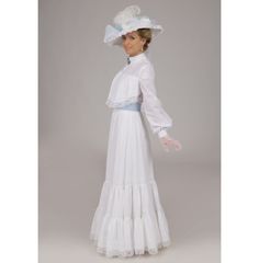 The luxurious and extravagant style of the Edwardian era can be found in this white batiste dress. This dazzling dress has a high lace covered collar that tops a white lace trimmed yoke. Long sleeves have lace cap, lace trim, and buttoned cuff. The graceful skirt has tiers trimmed in white lace. A matching cotton belt closes with buttons. Choose blue, pink or white below. The dress has a back button closure and elasticized waist. White batiste is 100% cotton. Proudly made in the US by Recollecti Feminine Fitted Victorian Daywear Dress, Feminine Fitted Victorian Dress For Daywear, Fitted Feminine Victorian Dress For Daywear, Fitted Regency Style Dress In Vintage White, Classic Fitted White Victorian Dress, White Fitted Classic Victorian Dress, Elegant Victorian Dress In Vintage White, Regency Style Vintage White Formal Dresses, Spring Victorian Dress In Vintage White