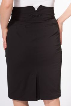 With subtle & tasteful details this is more than just your basic pencil skirt. DETAILSStyle: W2001172BLA Fabric: 45% Cotton, 47% Nylon, 8% Spandex Care: Dry clean Features: Zip with slip button closure, 2 faux front pockets, 2 faux back pockets, Back split, Chain detail at back PLEASE NOTE: These jeans run small. Please carefully review the measurements provided, to determine your perfect fit. MEASUREMENTS Size Waist Length 24 23" 22.5" 25 24" 23" 26 25" 23" 27 26" 23.5" 28 27" 24" 29 28" 24" 30 Classic Workwear Mini Skirt With Button Closure, Classic Mini Skirt With Button Closure For Work, Fitted Solid Skirt With Pockets, Knee-length Pencil Skirt For Workwear, Knee-length Pencil Skirt With Button Closure For Work, Business Casual Skirt With Pockets, Elegant Solid Mini Skirt With Pockets, Tailored Pencil Skirt For Workwear, Office Pencil Skirt With Pockets