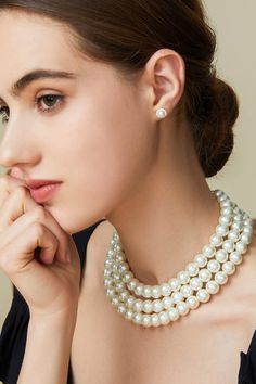 This sumptuous piece of jewelry features a retro-elegant yet slightly modern style that complements the lavish garments, reminiscent of the roaring 1920s. Features: Lustrous imitation pearls Three strand design 16.9 inch / 43cm, 18.1 inch / 46cm, 19.7 inch / 50cm long 6mm, 8mm, 10mm pearls 1920 Accessories, Roaring 20s Jewelry, 20s Jewelry, 1920s Accessories, Multi Strand Pearl Necklace, Roaring 1920s, 1920s Headpiece, 1920s Jewelry, Your 20s