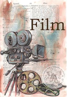 a drawing of a movie camera on top of an open book with the words film