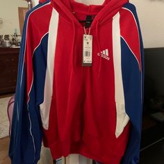 Adidas Zip Up Hoodie W Aac Hoodie Red White And Blue Brand New Size M Retail $80 Sporty Red Hooded Jacket With Long Sleeves, Red Sporty Long Sleeve Hooded Jacket, Casual Hoodie Track Jacket For Sports Season, Casual Hoodie Track Jacket, Red Hooded Track Jacket, Red Track Jacket With Drawstring Hood, Hooded Track Jacket With Three Stripes For Fall, Hooded Red Track Jacket For Sports Season, Sporty Red Hooded Jacket With Double-lined Hood