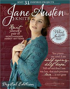 the cover of jane austen's knits magazine, featuring a woman wearing a blue