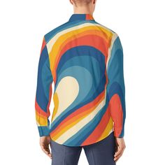 Step back into the vibrant era of the 70s with our Vintage 70s Style Shirt, a Retro Shirt designed for the modern man who embraces the groovy spirit of the past. This Hippie Shirt for Men channels the free-spirited essence of the 70s, featuring a unique blue and orange abstract curvy stripe pattern. Crafted from 100% polyester, this Men's Stripe Orange Shirt ensures both comfort and durability.With a nod to the 70s-inspired fashion, this Groovy Shirt is perfect for those who appreciate the bold Cotton Shirt With Retro Print In Relaxed Fit, Multicolor Retro Print Shirt For Fall, Multicolor Retro Print Shirt For Spring, Cotton Shirt With Retro Print, Casual Orange Shirt With Retro Print, Retro Fitted Shirt For Summer, Retro Fitted Summer Shirt, Retro Relaxed Fit Shirt For Spring, Spring Retro Relaxed Fit Shirt