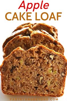 slices of apple cake loaf sitting on top of a white surface with text overlay