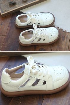 White Leather Lace-up Shoes With Textured Sole, Casual White Lace-up Shoes With Leather Sole, White Lace-up Leather Shoes, Casual White High-top Leather Shoes, White Flat Heel Walking Shoes, Cream Sneakers With Stitched Sole And Round Toe, White Lace-up Leather Shoes With Stitched Sole, White Leather Lace-up Shoes With Rubber Sole, White Lace-up Shoes With Stitched Sole