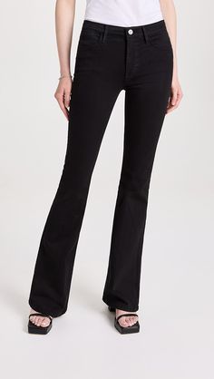 FRAME Le High Flare Jeans | Shopbop High Rise Stretch Flares For Fall, Casual Stretch Jeans With Flared Hem, High Rise Stretch Cotton Flares, Stretch Mid-rise Flares For Fall, Cotton Stretch Jeans With Flared Hem, Cotton High Rise Fitted Flares, High Rise Fitted Cotton Flares, Stretch Cotton Flare Jeans, High Rise Stretch Flare Jeans For Fall