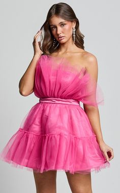 Amalya Mini Dress - Tiered Tulle Fit and Flare Dress in Hot Pink | Showpo USA Flirty Tulle Mini Dress With Sweetheart Neckline, Prom Tulle Mini Dress For Party Season, Strapless Organza Party Dress, Strapless Tulle Dress For Prom Party, Spring Night Out Organza Dress, Flirty Mini Dress For Prom Season Gala, Flirty Mini Dress For Gala And Prom Season, Flirty Mini Dress For Gala During Prom Season, Glamorous Mini Dress With Sweetheart Neckline In Tulle