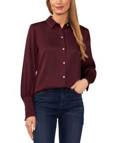 in stock Uniqlo Shirt, Gathered Sleeves, Satin Blouse, Button Down Blouse, Red Blouses, Dillard's, Stylish Shirts, Dressed Down, Simple Dresses