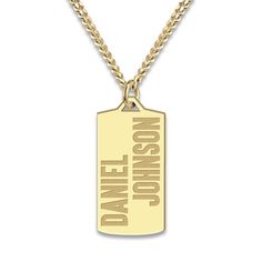 A lustrous high-polish, engravable dog tag pendant hangs handsomely around this stylish men's necklace. Fashioned in yellow gold-plated sterling silver, the 22-inch curb chain secures in place with a lobster clasp. Personalize with 2 lines of text. Line 1 - 18 letter max, Line 2, 8 letter max. Gold Dog Tag Necklace For Father's Day, Personalized Gold Dog Tag Jewelry, Engraved Rectangular Jewelry For Father's Day, Rectangular Engraved Jewelry For Father's Day, Gold Dog Tag Jewelry For Father's Day, Classic Engraved Dog Tag Necklace, Father's Day Rectangular Jewelry With Engraving Option, Father's Day Gold Dog Tag Jewelry, Classic Tarnish-resistant Dog Tag Jewelry