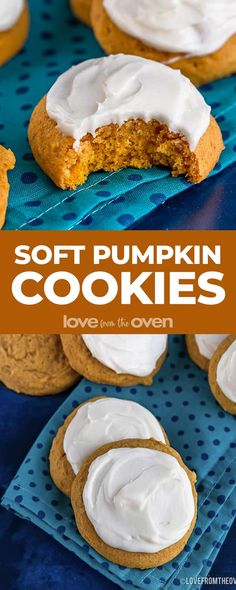 soft pumpkin cookies with white frosting on top