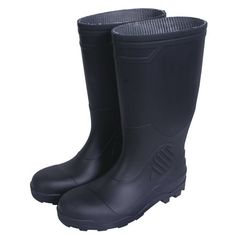 a pair of black rain boots on a white background