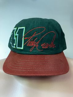 "True vintage Ricky Craven Rookie of the Year snapback hat by Chase from 1996. Green & maroon USA made cap with embroidered logos & additional \"Cap Cover\" featuring the 41 car (snaps are underneath. Mint shape, OSFA." Vintage Curved Brim Hats For College, Retro Trucker Hat For Baseball Season Streetwear, Retro Hat With Embroidered Logo For Baseball Season, Retro Sports Cap, Vintage Trucker Hat With Flat Brim For Streetwear, Vintage Snapback Hat With Flat Bill For Streetwear, Retro Snapback Baseball Cap For Sports, 90s Style Curved Brim Baseball Cap For Streetwear, Vintage Flat Bill Dad Hat For Streetwear